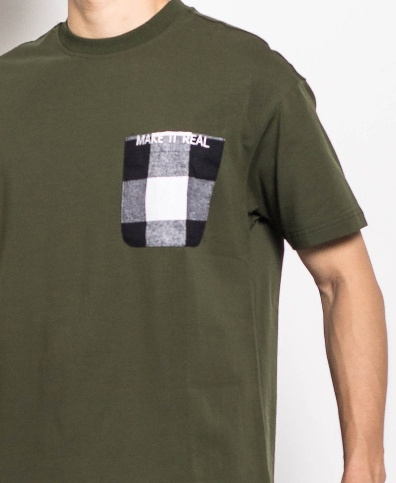 Men Oversized Cut & Sew Tee With Check Pocket - Army Green - M0M451