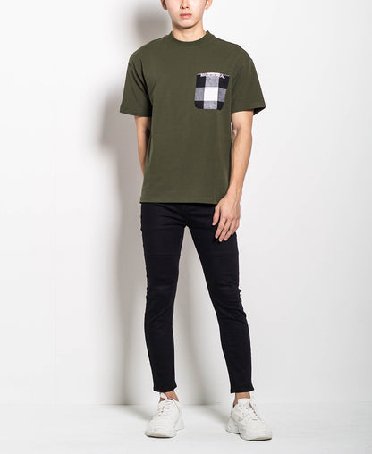 Men Oversized Cut & Sew Tee With Check Pocket - Army Green - M0M451